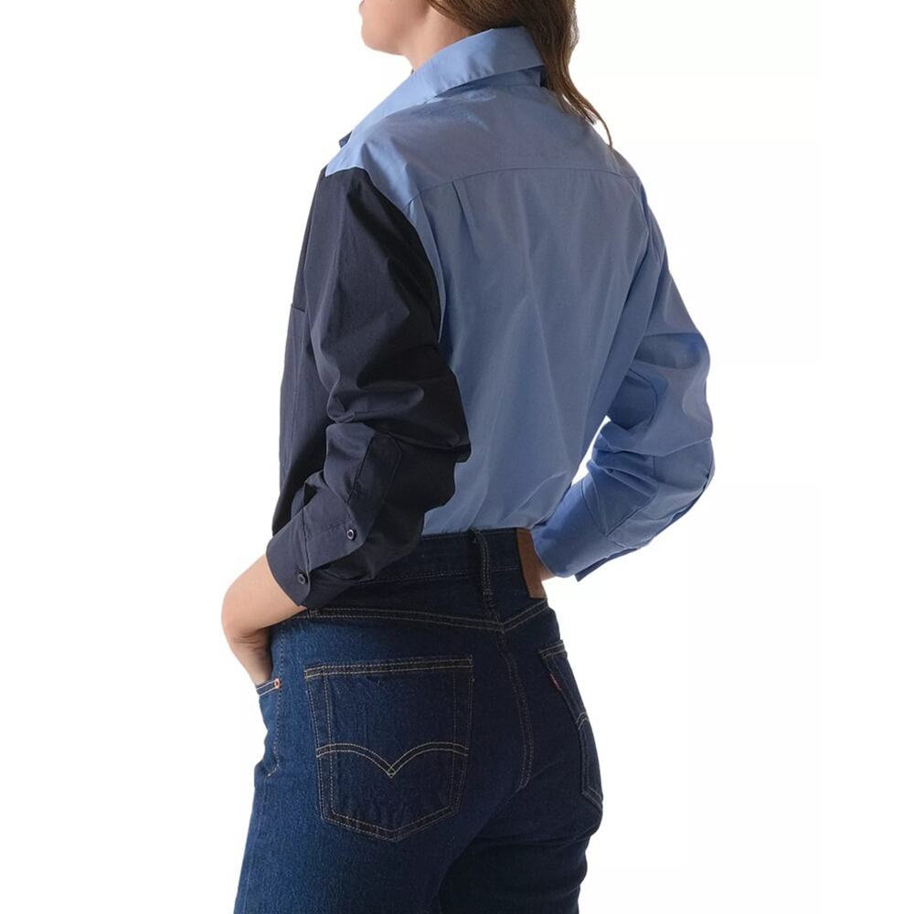 CISSA Women Blue/Navy Color Blocked Cotton Poplin Button Down Shirt Size XS/S - Picture 2 of 9